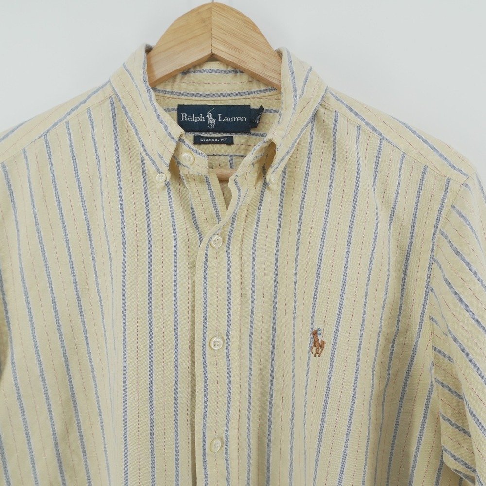 Ralph Lauren Button Down Mens 15.5 Yellow Striped Classic Fit Oxford Shirt